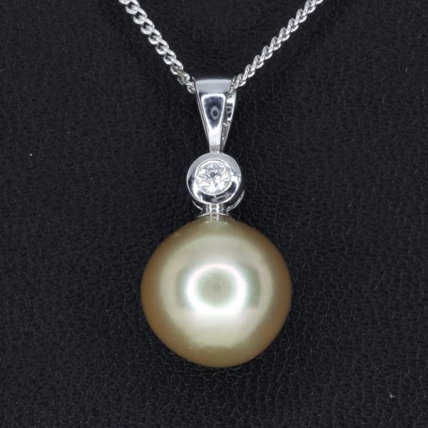 Golden South Sea Pearl Pendant with Diamonds set in 18ct White Gold