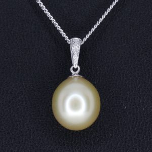 Golden South Sea Pearl Pendant with Diamonds set in 18ct White Gold