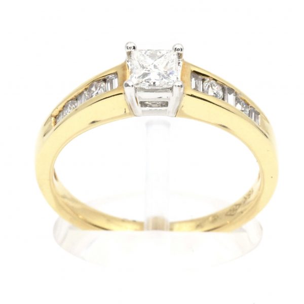 Princess Cut Diamond Ring with Channel Set Diamonds Accents set in 18ct Two Tone Gold