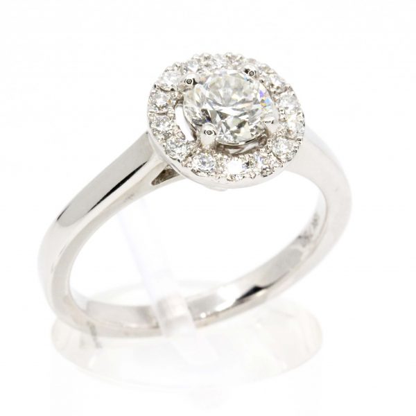 Round Brilliant Cut Diamond Ring with Halo of Diamonds set in 18ct White Gold