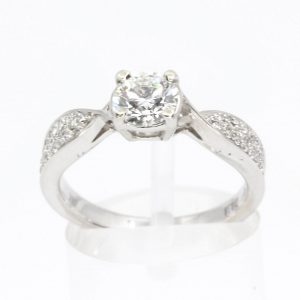 Round Brilliant Cut Diamond Ring with Bead Set Diamonds Accents set in 18ct White Gold