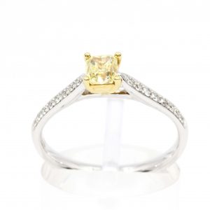 Princess Cut Yellow Diamond Ring with Bead Set Diamonds Accents set in 18ct White Gold