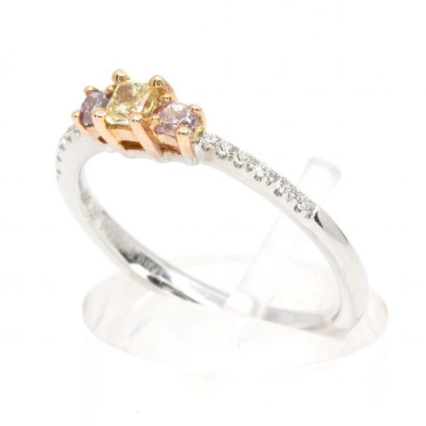 Princess Cut Diamonds Ring with Yellow & Pink Diamonds set in 18ct White Rose Gold