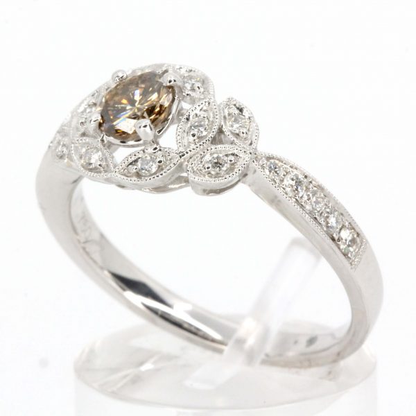 Round Brilliant Cut Champagne Diamond Ring with Halo of Diamonds set in 18ct White Gold