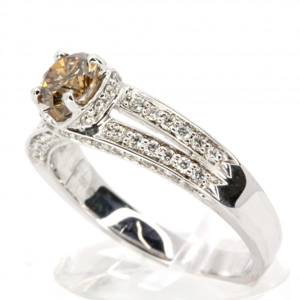Round Brilliant Cut Champagne Diamond Ring with Bead Set Diamonds Accents set in 18ct White Gold