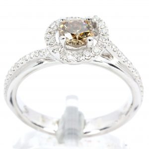 Round Brilliant Cut Chocolate Diamond Ring with Halo of Diamonds set in 18ct White Gold