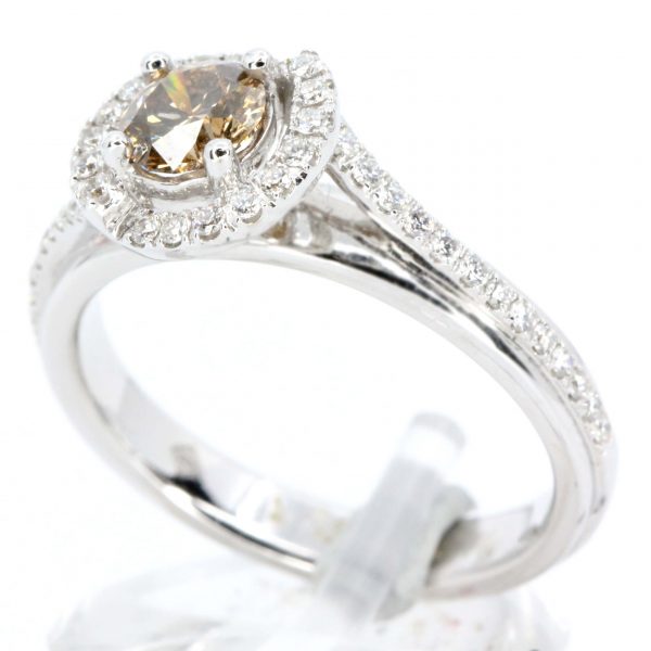 Round Brilliant Cut Chocolate Diamond Ring with Halo of Diamonds set in 18ct White Gold