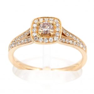 Round Brilliant Cut Pink Champagne Diamond Ring with Diamonds set in 18ct Rose Gold