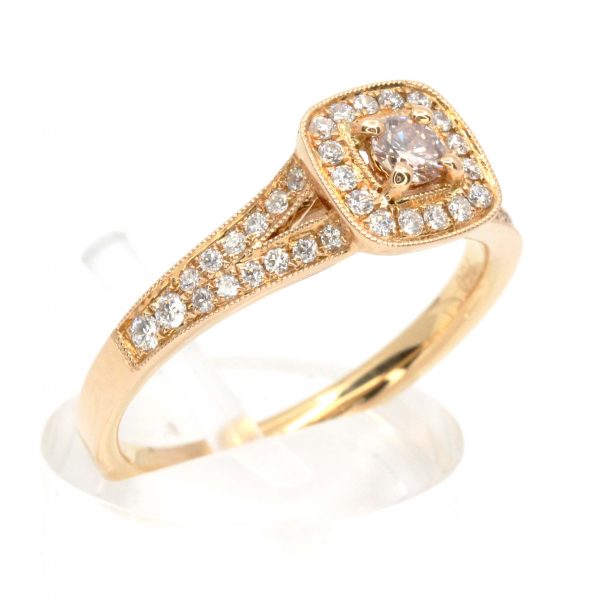 Round Brilliant Cut Pink Champagne Diamond Ring with Diamonds set in 18ct Rose Gold