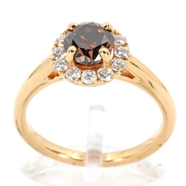 Round Brilliant Cut Chocolate Diamond Ring with Halo of Diamonds set in 18ct Rose Gold