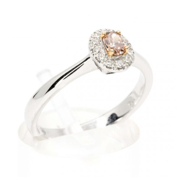 Oval Pink Rose Diamond Ring with Halo of Diamonds set in 18ct White Rose Gold