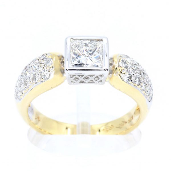 Princess Cut Bezel Set Diamond Ring with Diamonds Accents