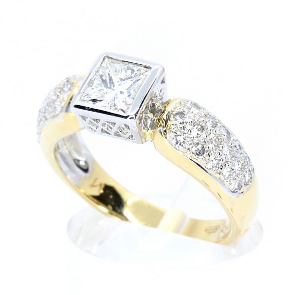 Princess Cut Bezel Set Diamond Ring with Diamonds Accents
