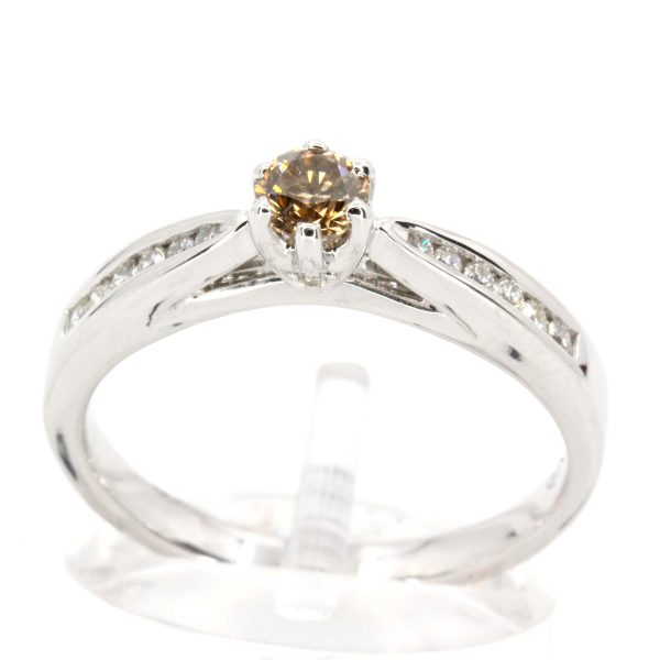 Round Brilliant Cut Chocolate Diamond Ring with Channel Set Diamonds Accents set in 18ct White Gold
