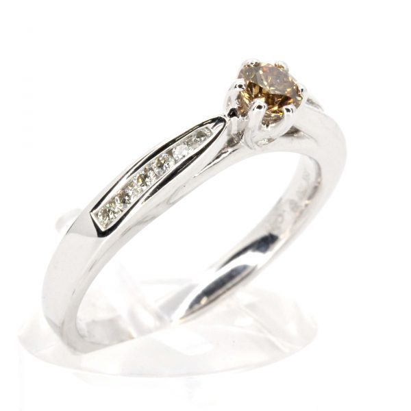 Round Brilliant Cut Chocolate Diamond Ring with Channel Set Diamonds Accents set in 18ct White Gold