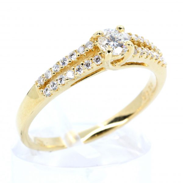 Round Brilliant Cut Diamond Ring with Diamond Accents set in 18ct Yellow Gold