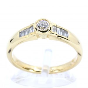 Round Brilliant Cut Diamond Ring with Channel Set Diamonds Accents set in 18ct Yellow Gold