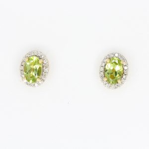 Oval Peridot Earrings with Halo of Diamond set in 18ct Yellow Gold