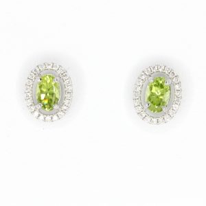 Oval Peridot Earrings with Halo of Diamond set in 18ct White Gold