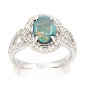 Oval Grey Opal Ring with Halo of Diamonds set in 18ct White Gold