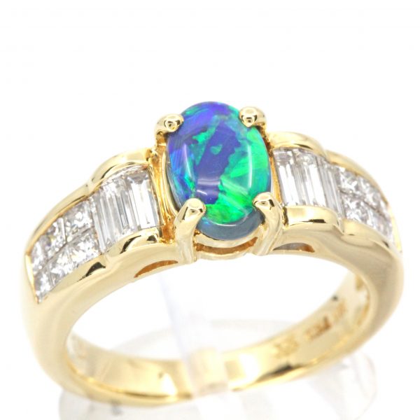 Black Opal & Diamond Ring set in 18ct Yellow Gold