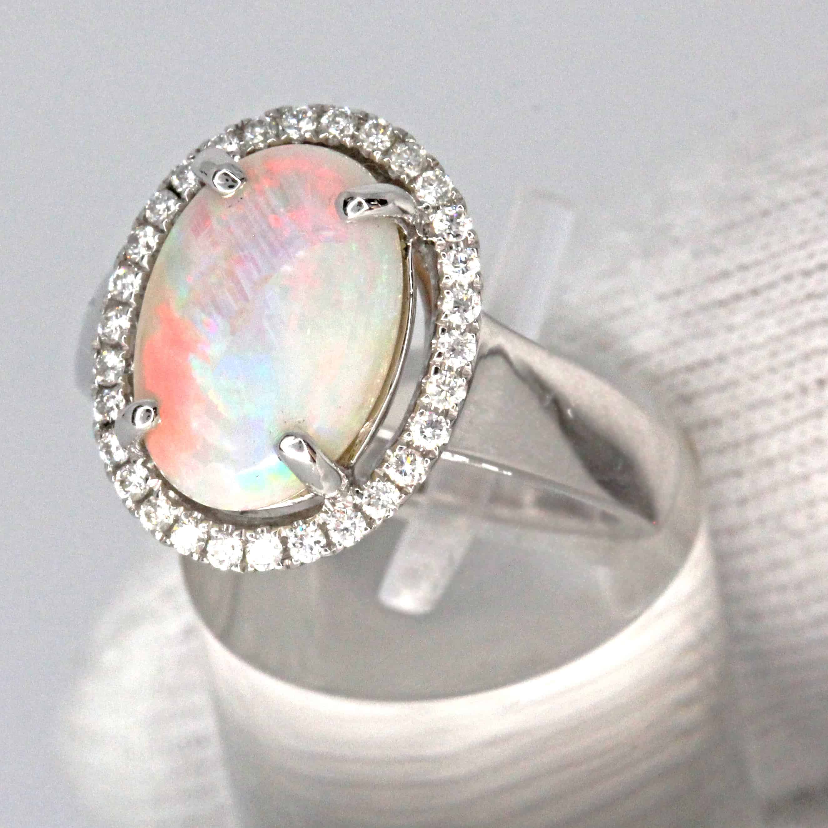 18ct White Gold Solid White Opal and Diamonds Ring | Allgem Jewellers