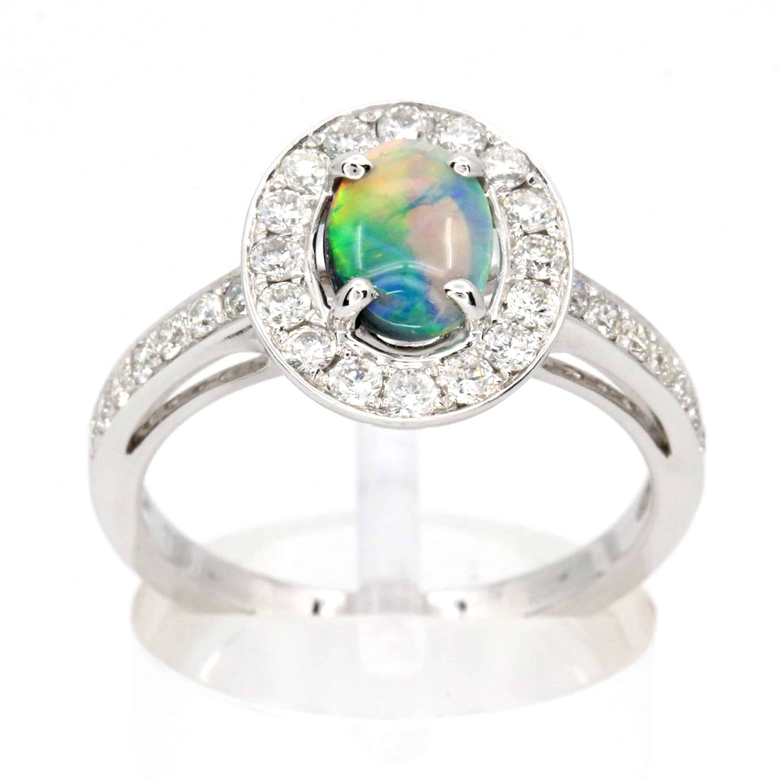 Grey Crystal Opal Ring with Diamond Accents & Halo Allgem Jewellers