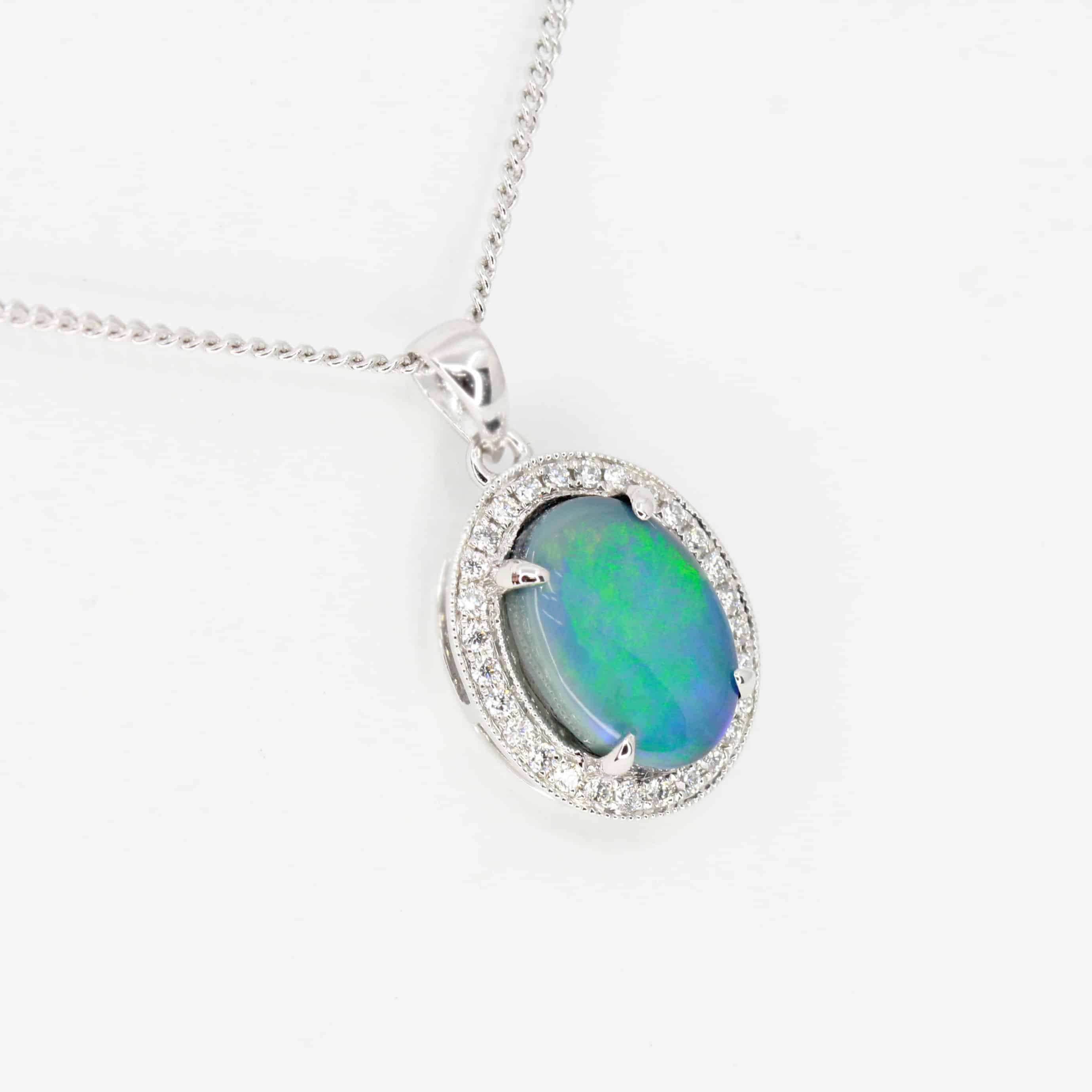 Black Opal Pendant with Halo of Diamonds set in 18ct White Gold ...