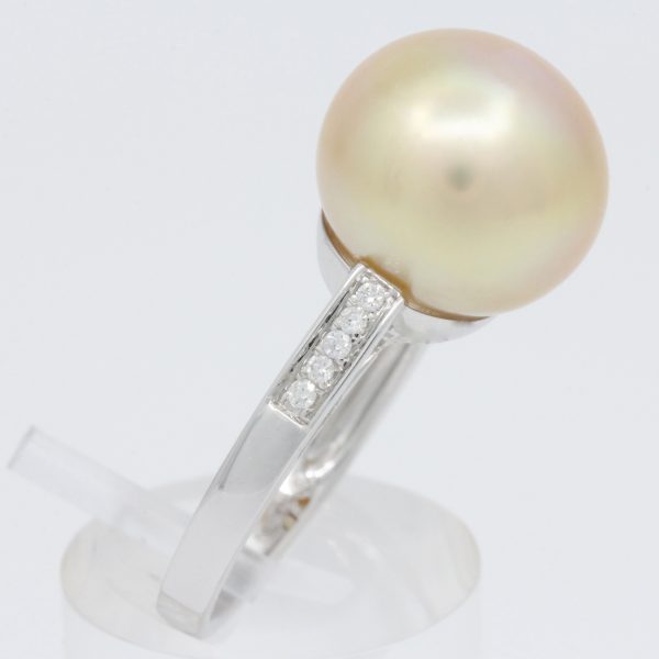 White Gold Golden South Sea Pearl Ring with Accent Diamonds