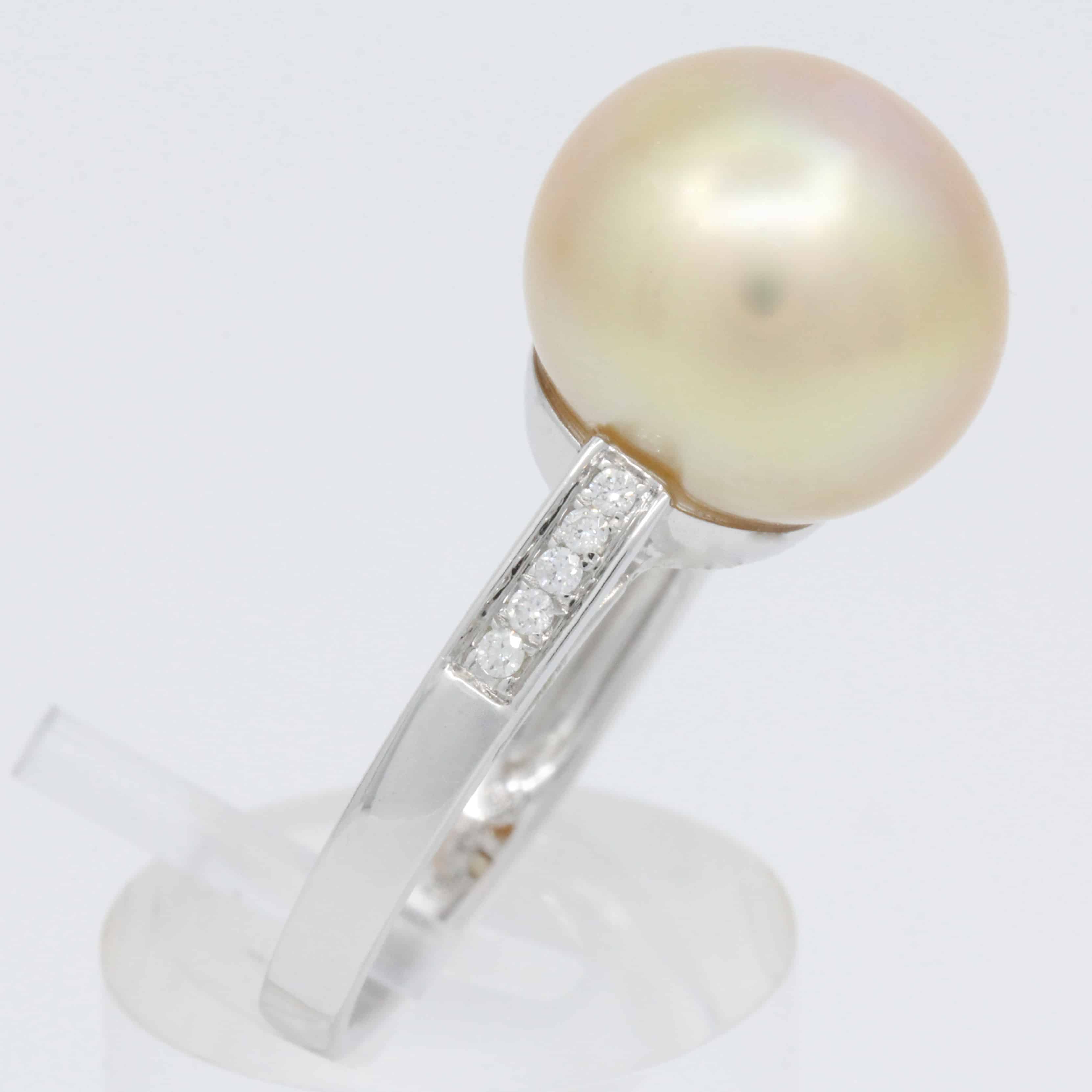 White Gold Golden South Sea Pearl Ring with Accent Diamonds