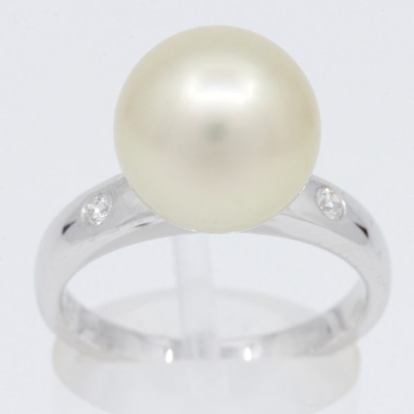 White Gold Golden South Sea Pearl Ring with Accent Diamonds