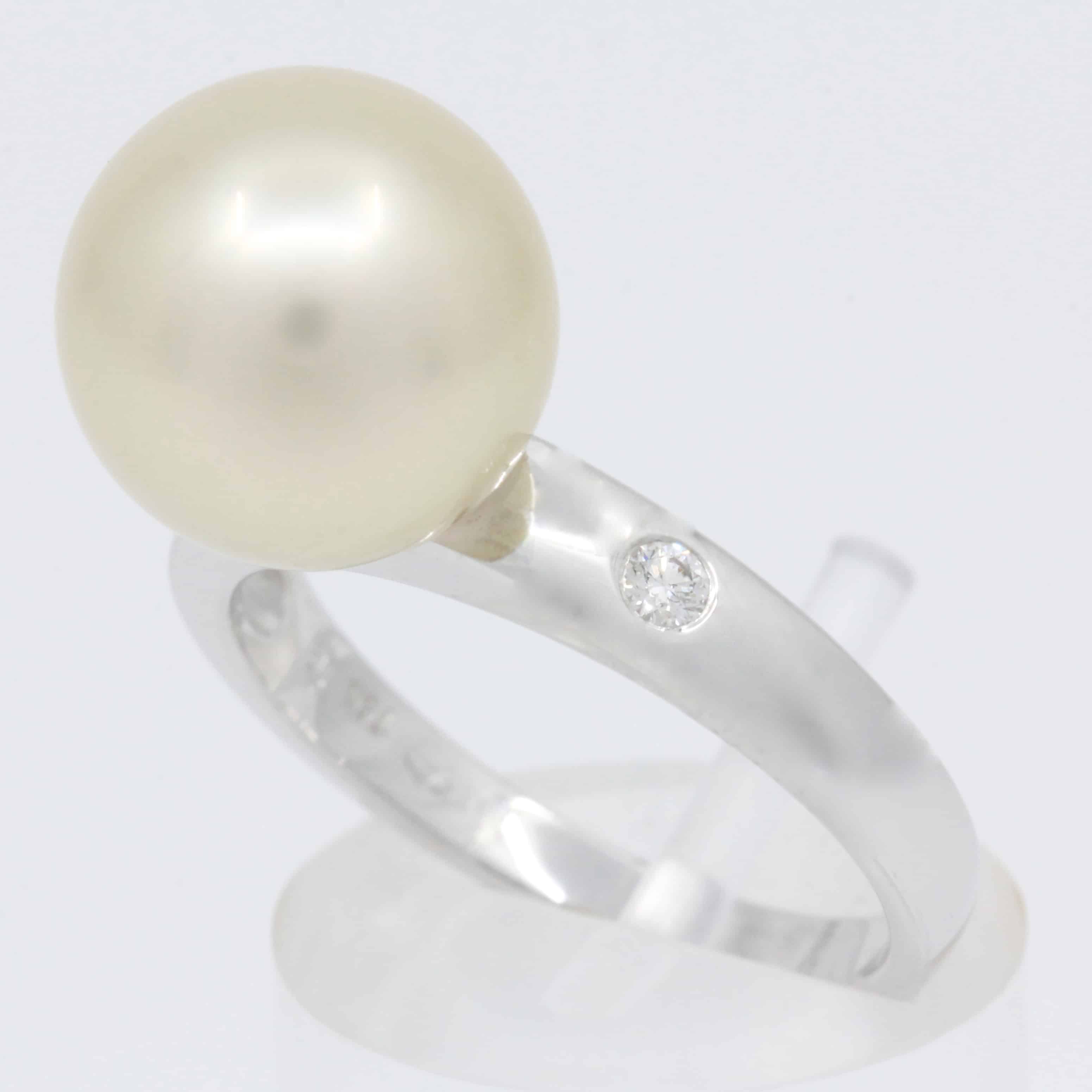 White Gold Golden South Sea Pearl Ring with Accent Diamonds