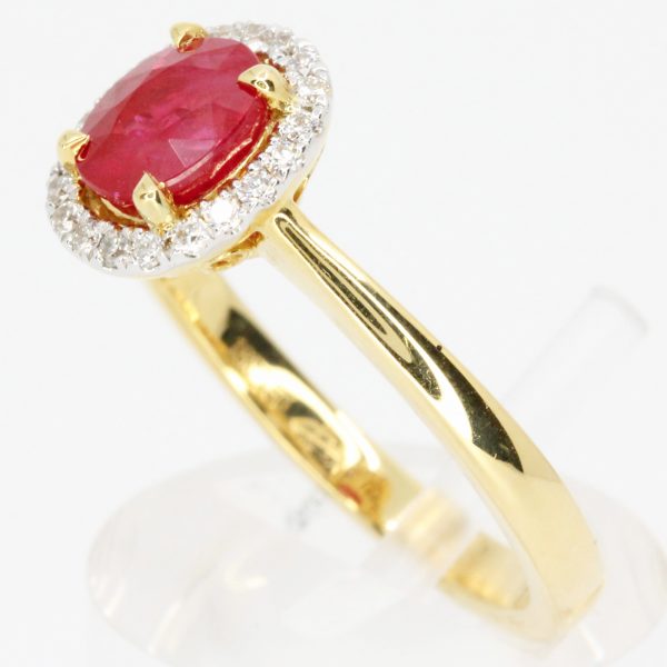 Claw Set 18ct Yellow Gold Ruby Ring with Halo of Diamonds