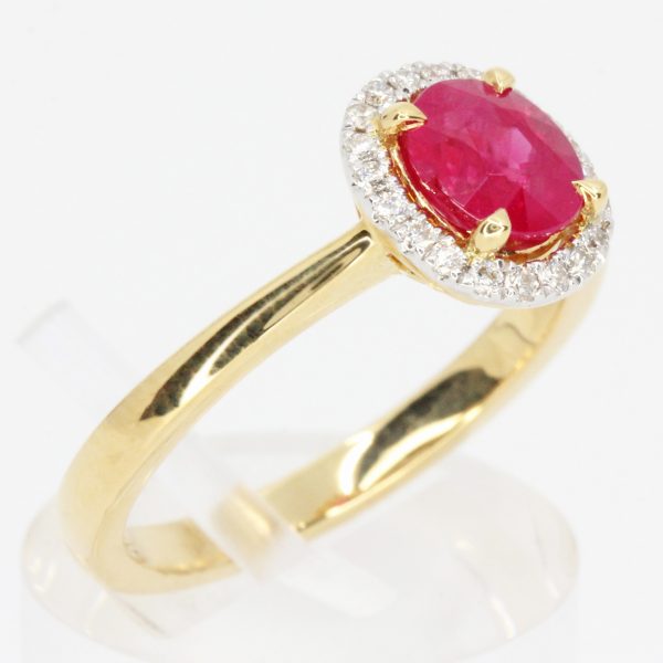 Claw Set 18ct Yellow Gold Ruby Ring with Halo of Diamonds
