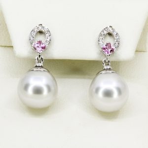 Autore Certified 18ct White Gold S/Sea Pearl & Pink Sapphire Drop Earrings
