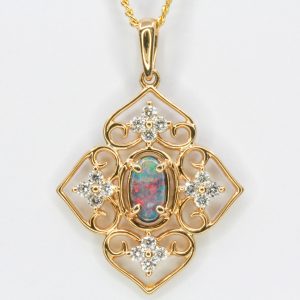 18ct Yellow Gold Solid Black Opal and Diamond Pendant