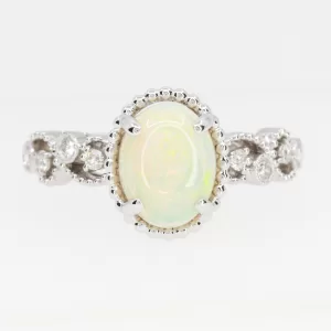 18ct White Gold Solid White Opal and Diamond Ring