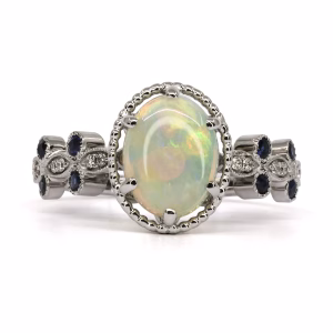 18ct White Gold Solid White Opal, Sapphire and Diamond Ring