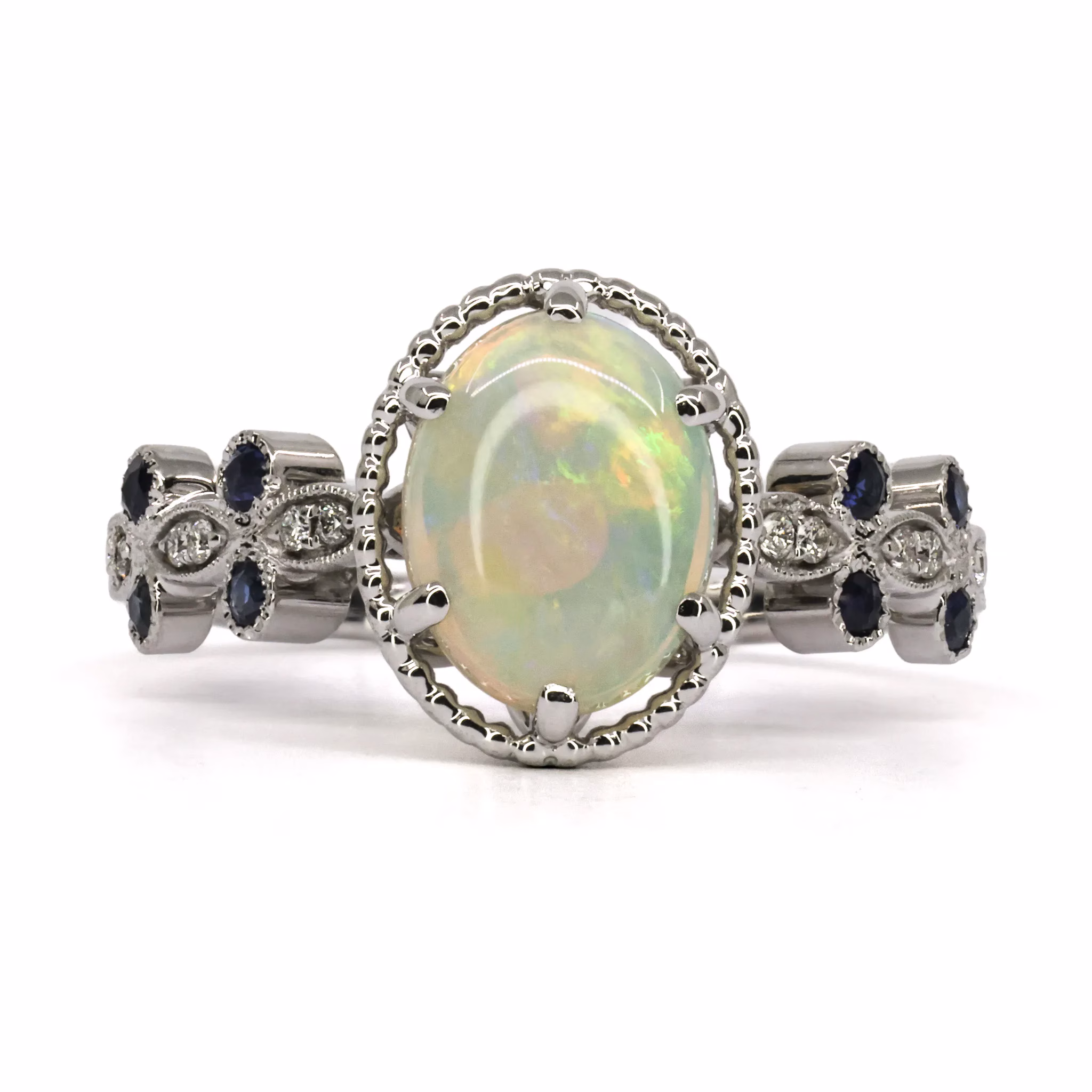 18ct White Gold Solid White Opal, Sapphire and Diamond Ring - Image 1