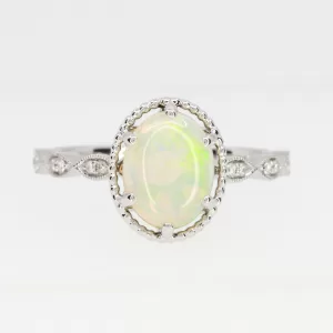 18ct White Gold Solid White Opal and Diamond Ring