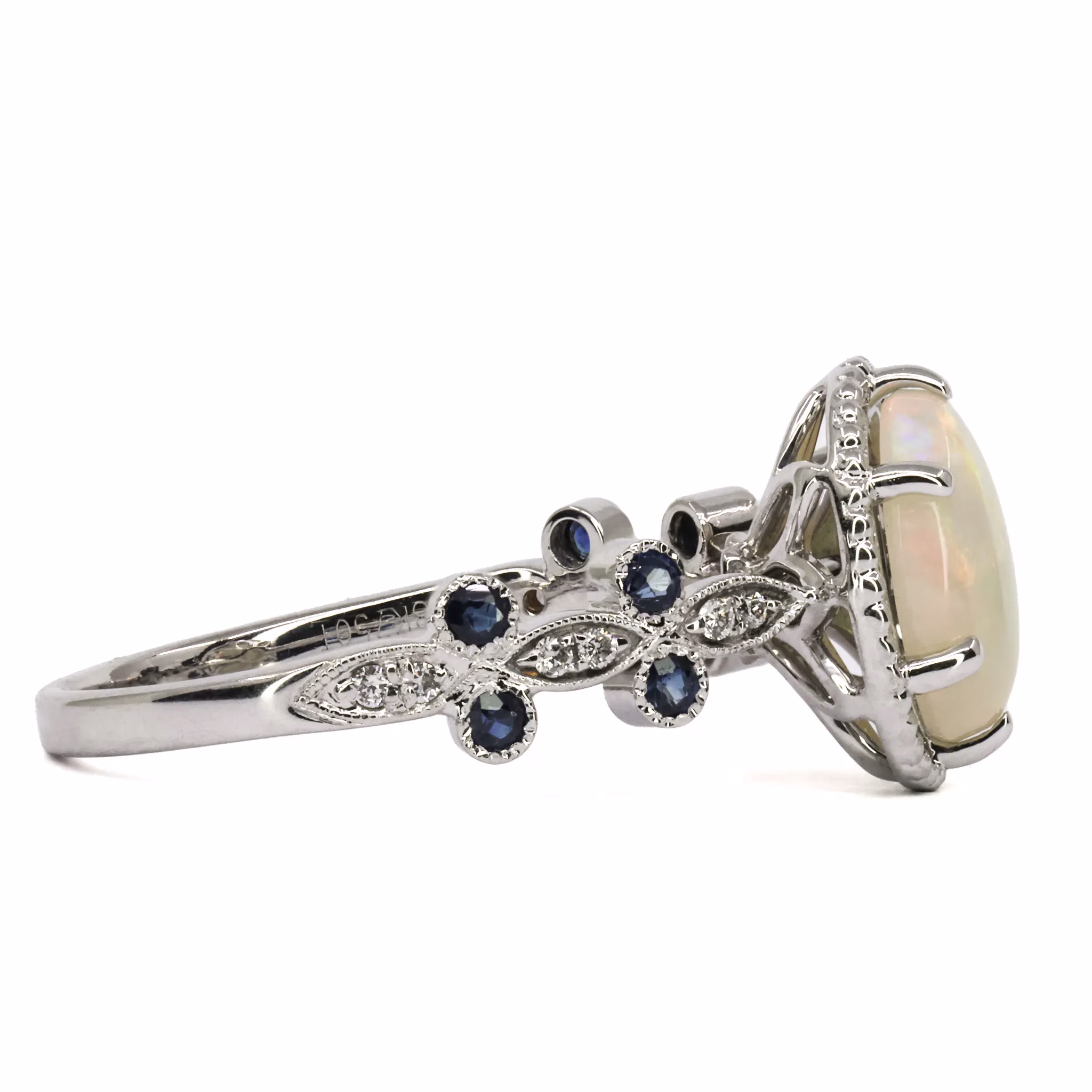 18ct White Gold Solid White Opal, Sapphire and Diamond Ring - Image 2