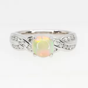 18ct White Gold Solid White Opal and Diamond Ring