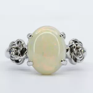 18ct White Gold Solid White Opal and Diamond Ring