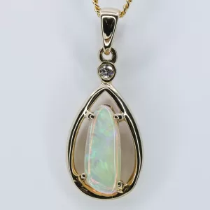 14ct Yellow Gold Solid Crystal Opal and Diamond Pendant