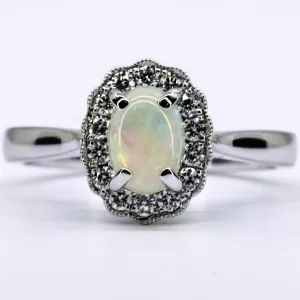 18ct White Gold Solid White Opal and Diamond Ring