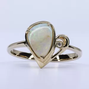 14ct Yellow Gold Solid White Opal and Diamond Ring