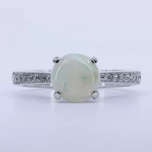 18ct White Gold Solid White Opal and Diamond Ring