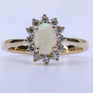 18ct Yellow Gold Solid White Opal and Diamond Ring