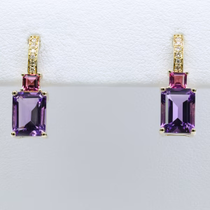 9ct Yellow Gold Pink Tourmaline, Amethyst and Diamond Drop Earrings