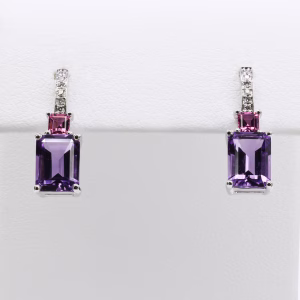 9ct White Gold Pink Tourmaline, Amethyst and Diamond Drop Earrings